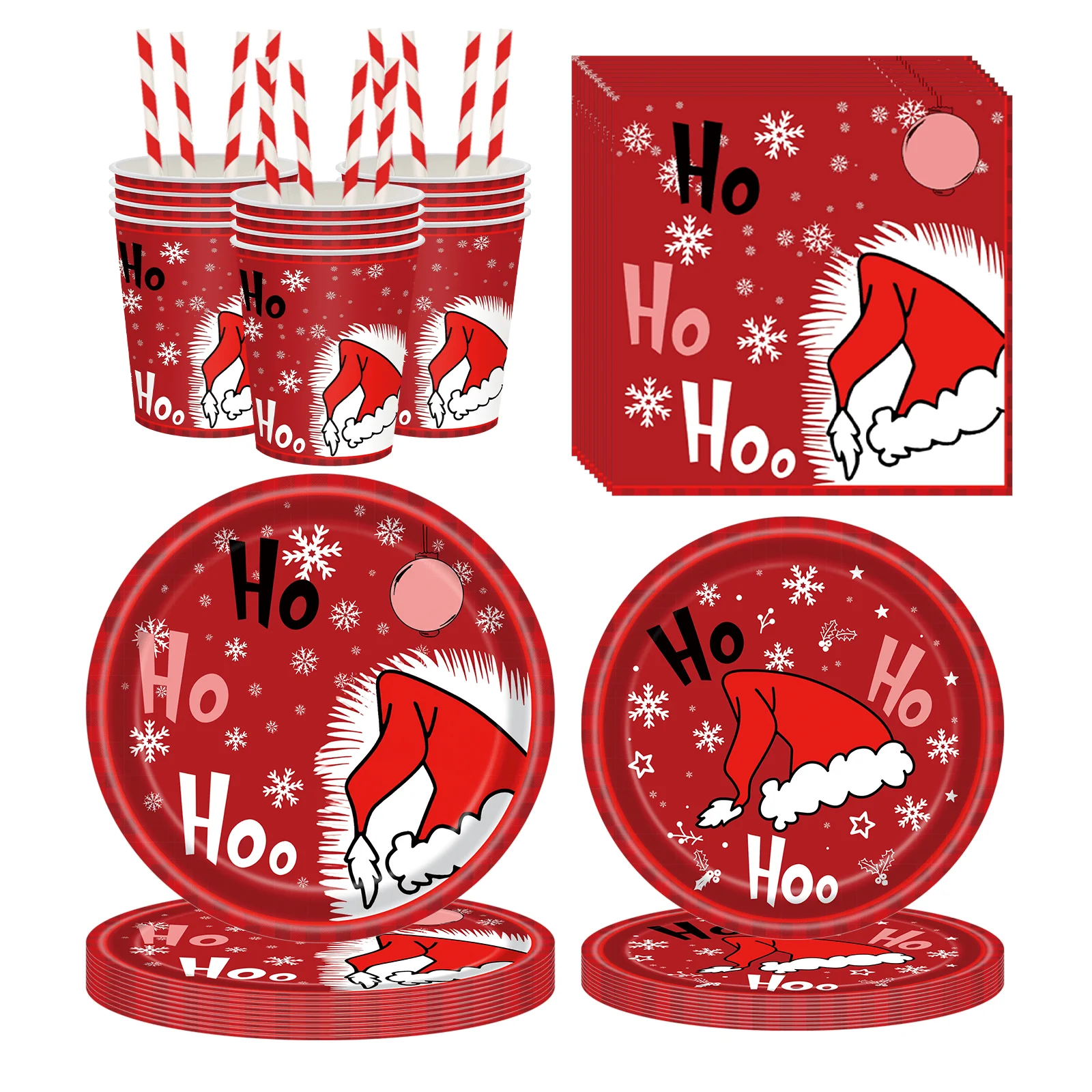 100Pcs Christmas Party Tableware Set, Red Santa Hat Disposable Plates, Cups, Napkins And Straws For Holiday Dinner, Birthday Party And Family Gathering