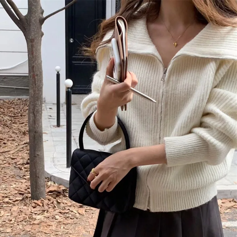 Laple Neck Zipper Cardigan Korean Outerwears New Knitted Sweater Autumn Warm 2024 Woman Cardigans Long Sleeve Ropa Mujer