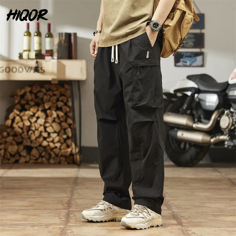 Hiqor-Calça casual masculina com bolsos múltiplos, calça larga Y2K, calça fina, caminhada ao ar livre, streetwear treino, marca, verão