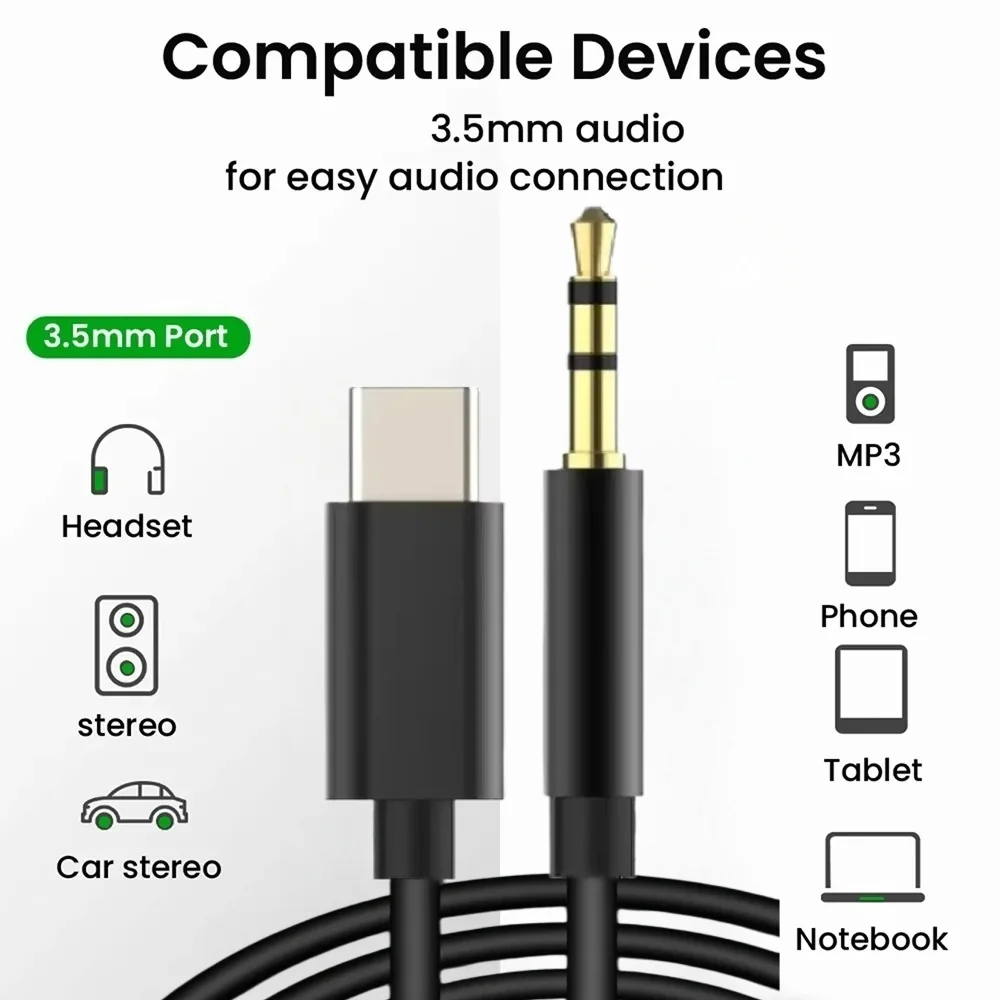 USB Type C to 3.5mm Jack AUX Audio Cable with DAC for Car Speaker Headphone