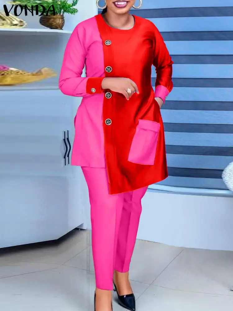 VONDA 2024 Autumn Women Pant Sets Elegant Suits Long Sleeve Asymmetrical Patchwork Casual Top and Long Pants Bohemian Sets