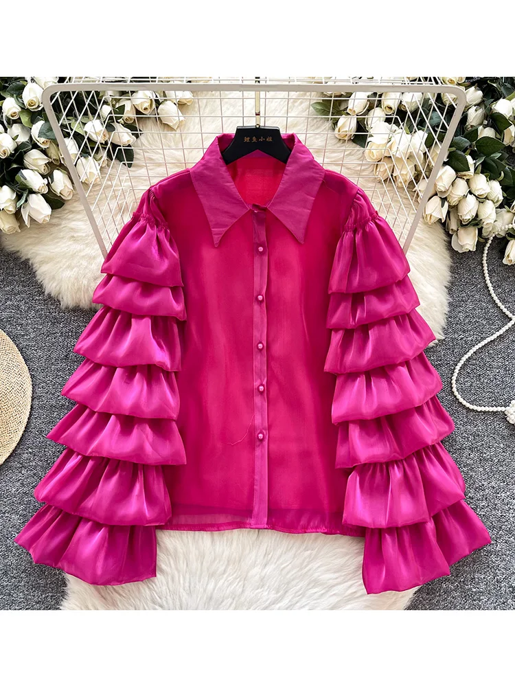 

Women Spring Shirt Korean Version French High-end Layered Ruffled Long Sleeved Shirt Versatile Flowing Satin Top BL072