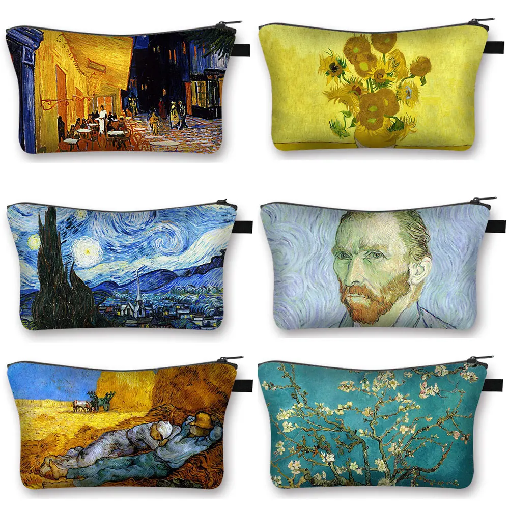 Van Gogh Oil Paint Print Cosmetic Bag Starry Sky/Sunflower Lipstick Cosmetic Case Women Zipper Pouch Toiletries Bag Gift