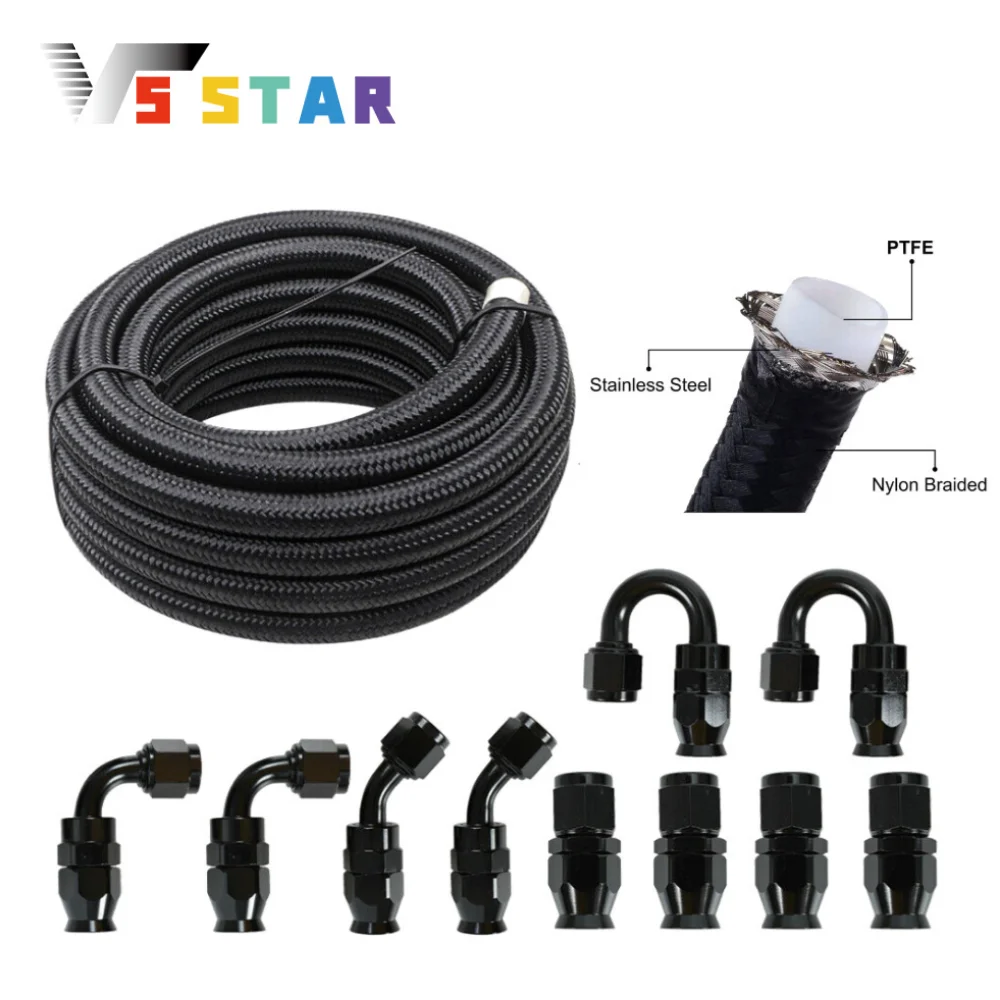 

30FT AN8 AN10 Nylon PTFE Fuel Line Kit with 10pcs Fittings Hose Straight 45 90 180 Degree For Alcohol Ethanol Coolant Black