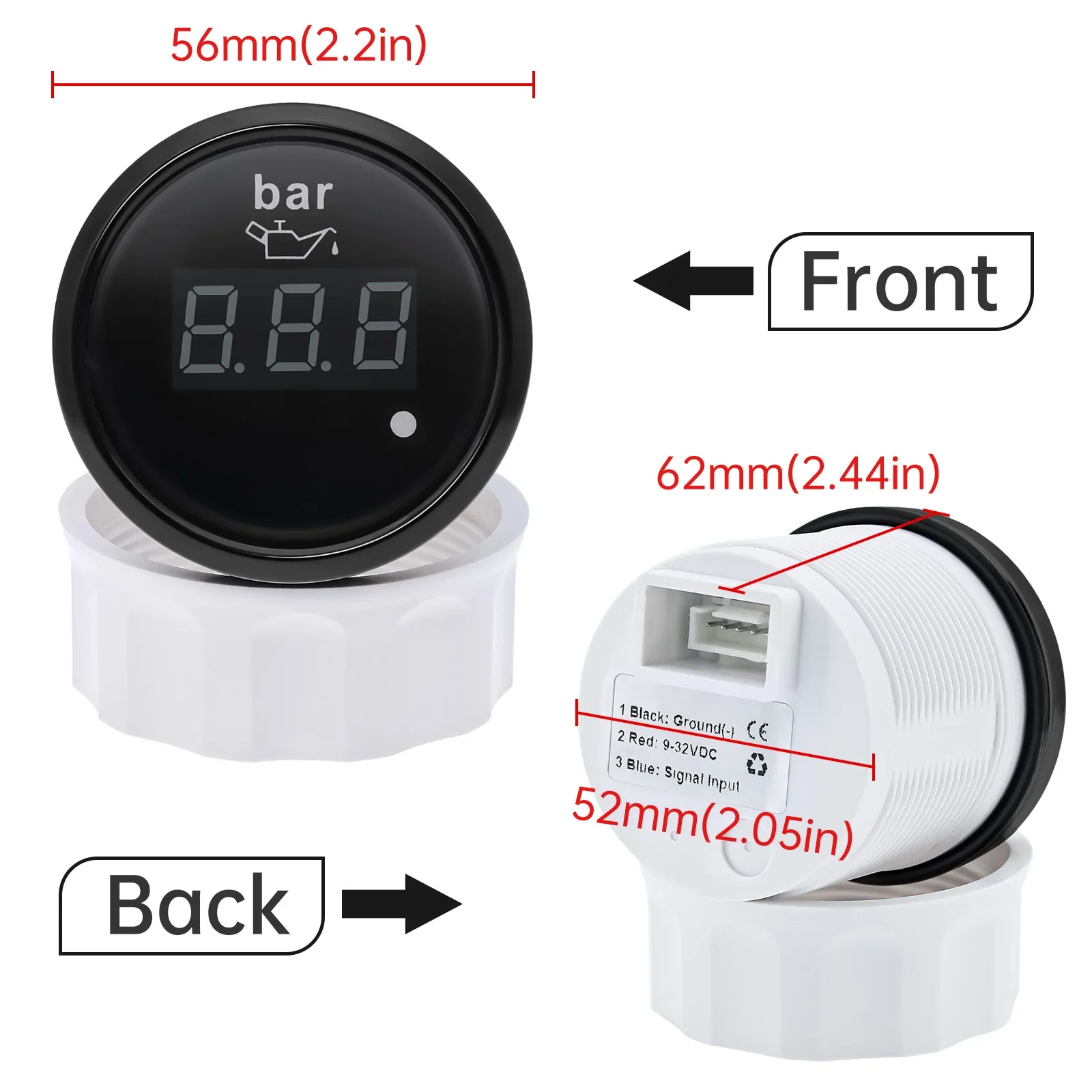 52mm Digital Car Gauge Oil Pressure Gauge 0-10bar With Flashing Alarm Universal 1/8 NPT Pressure Sensor For 12V 24V Car Boat