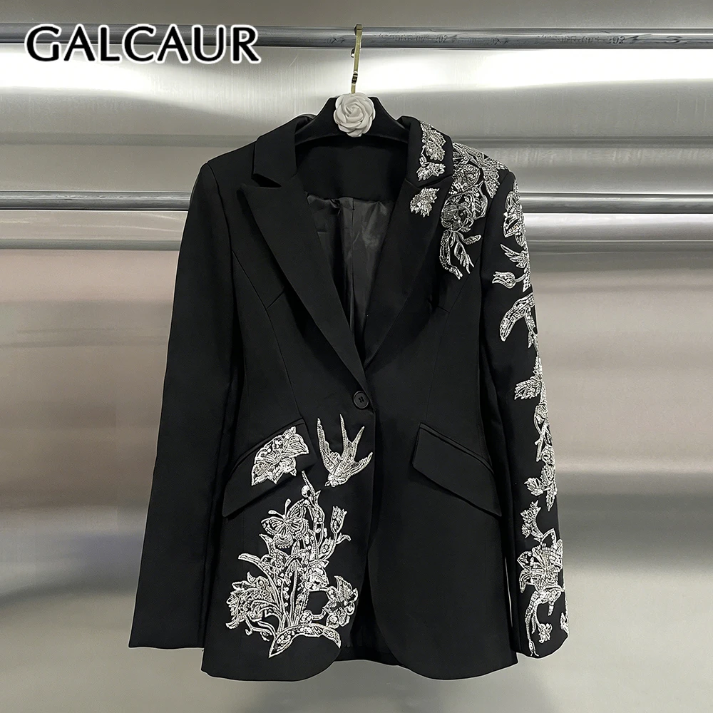 

GALCAUR Black Spliced Beading Chic Jacket Female Lapel Long Sleeve Loose Elegant Commute Women's Jackets Fashion Autumn Style