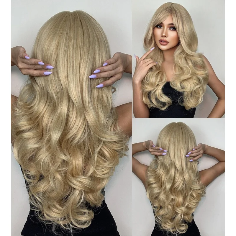 

Blonde Layered Heat Resistant Hair Long Wavy Women Cosplay Party Wig With Bangs