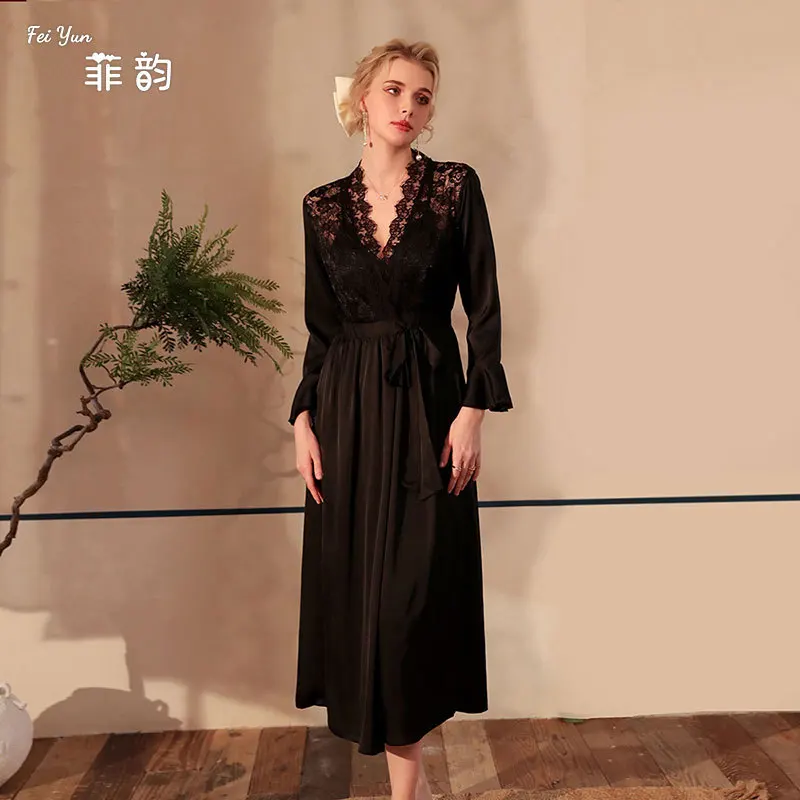 New satin pajamas for women, sexy lace light luxury long-sleeved cool nightgown bathrobe loungewear for women