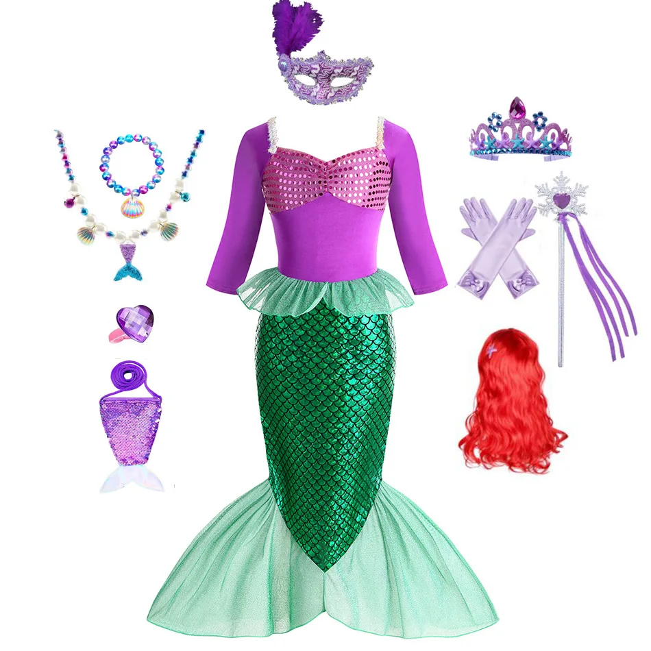 Mermaid Costume for Girl Long Sleeve Girls  Dress Carnival Evening Party Dresses for Kids Halloween Dress Up Clothes