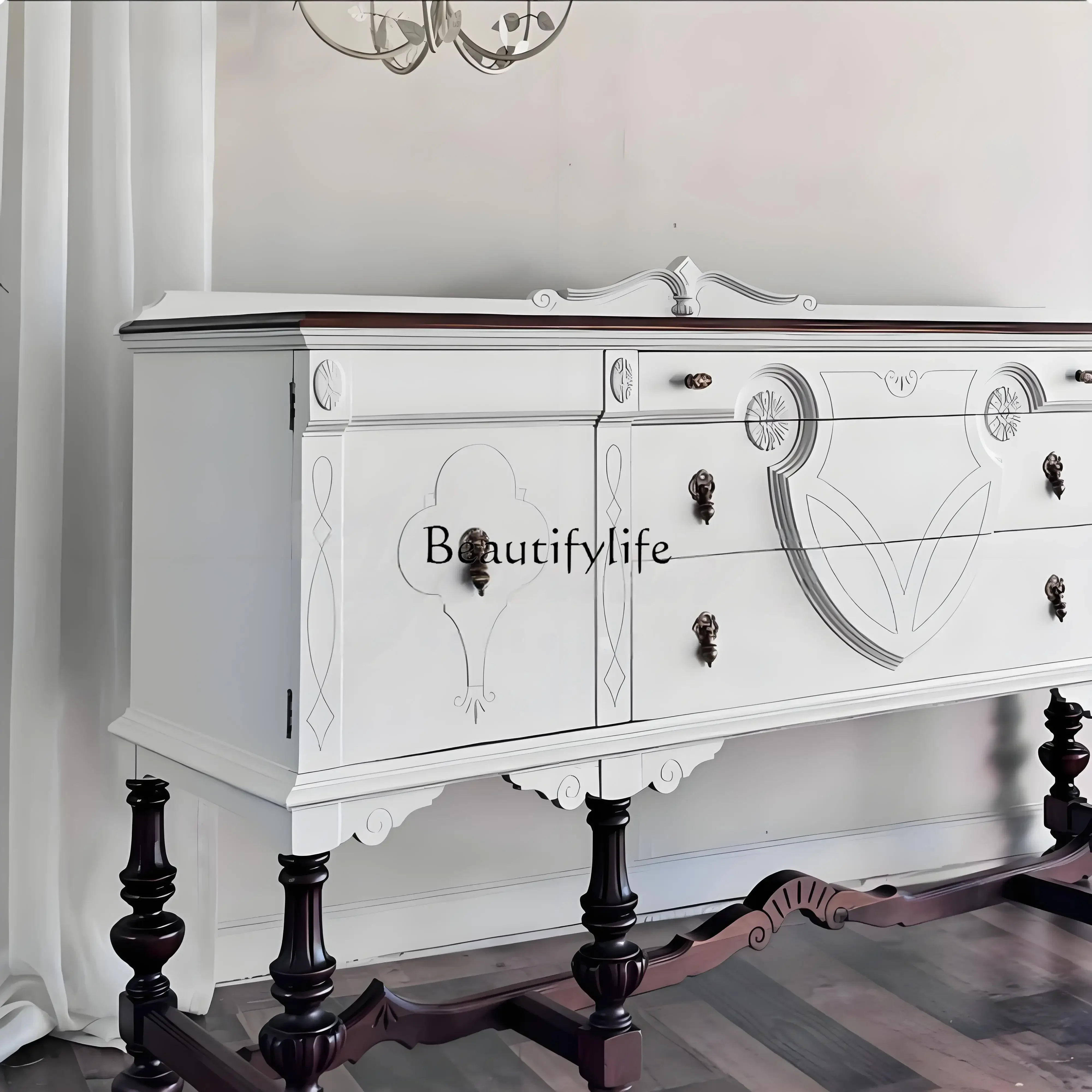 

2 yj15 French Retro Sideboard American Living Room Decoration Modern Minimalist Style Entryway Cabinet Solid Wood Carved Furnitu