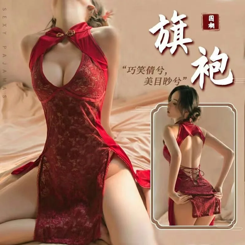 

3XL Large Size Cheongsam Uniform Chinese Antique Temptation Pajamas Embroidery See Through Mini Dress Qipao Cosplay Lingerie