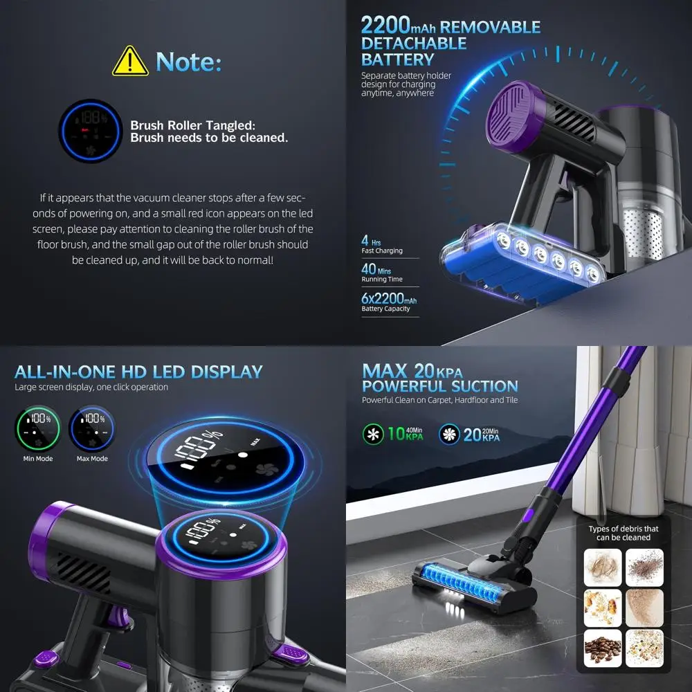 LED Display Stick Vacuum Cleaner, 6-in-1 Lightweight Rechargeable, 40 Min Battery for Hard Floors and Carpets