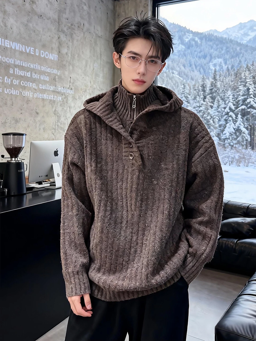 

Мужской вязаный свитер с капюшоном, воротником на молнии до середины, вертикальными полосками, имитация двухслойности, зимний, модный, в ретро-стиле, с длинным рукавом