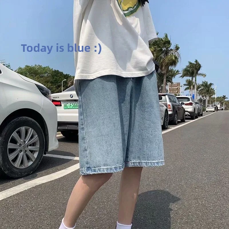 

Summer Thin Denim Short Pants Loose Straight Korean Style Men's Fashion Brand Five-Point High Waist Wide Leg Coat Jeans