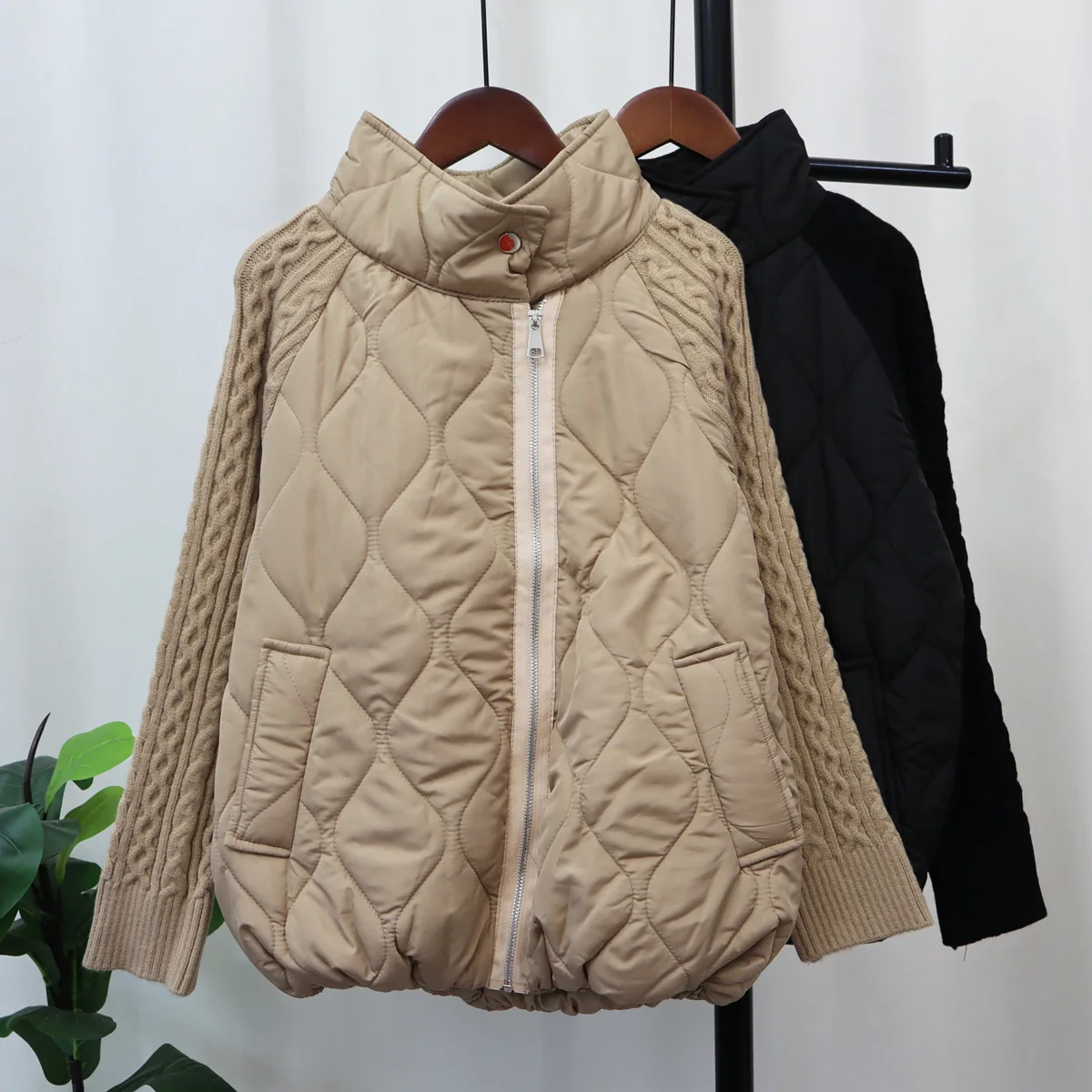 KUSAHIKI 2023 Autumn Winter New Stand Neck Knitted Sweater Patchwork Parka Coat Fashion Ziipper Causal Warm Parkas Jacket