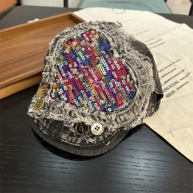 

Heavy Industry Retro Glitter Love Cowboy Forward Hat Women's New Personalized Fashion Big Head Waist Beret Hut Herren 4m777