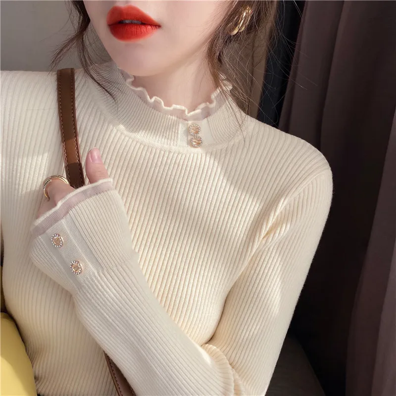 Solid Color Small Fragrant Style Knitted Base Sweater 2024 Autumn/Winter Women's Lace Half High Neck Long Sleeve Slim Fit Top