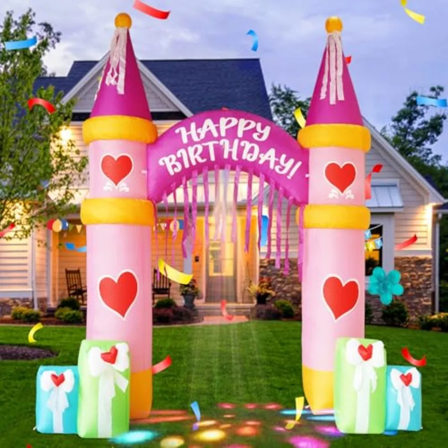 

10FT Inflatable Birthday Arch for indoor/outdoor use, PVC material, white with gold accents, built-in LED lights for vibrant ni