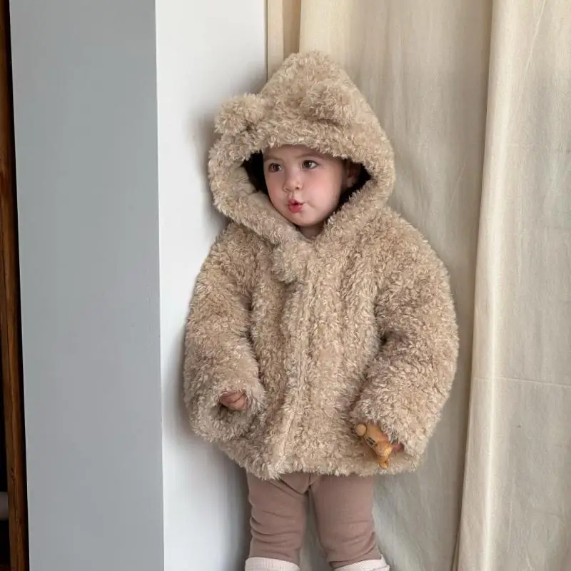 

2025 Winter New Baby Long Sleeve Plush Coat Plus Velvet Thick Infant Girls Hooded Cardigan Jacket Toddler Boys Warm Clothes