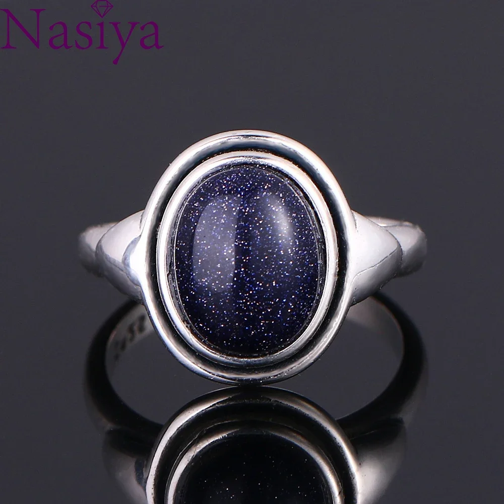 

Charms 8x10MM Blue Sandstone Woman Wedding Rings 925 Silver Jewelry Girls Female 's Party Anniversary Birthday Gift