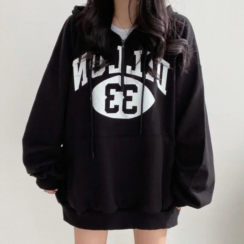 Girl Hip Hop Oversized Hoodies Women Zip Up Harajuku Top Letter Print Sweatshirts Korean Vintage Loose Autumn Winter Tops