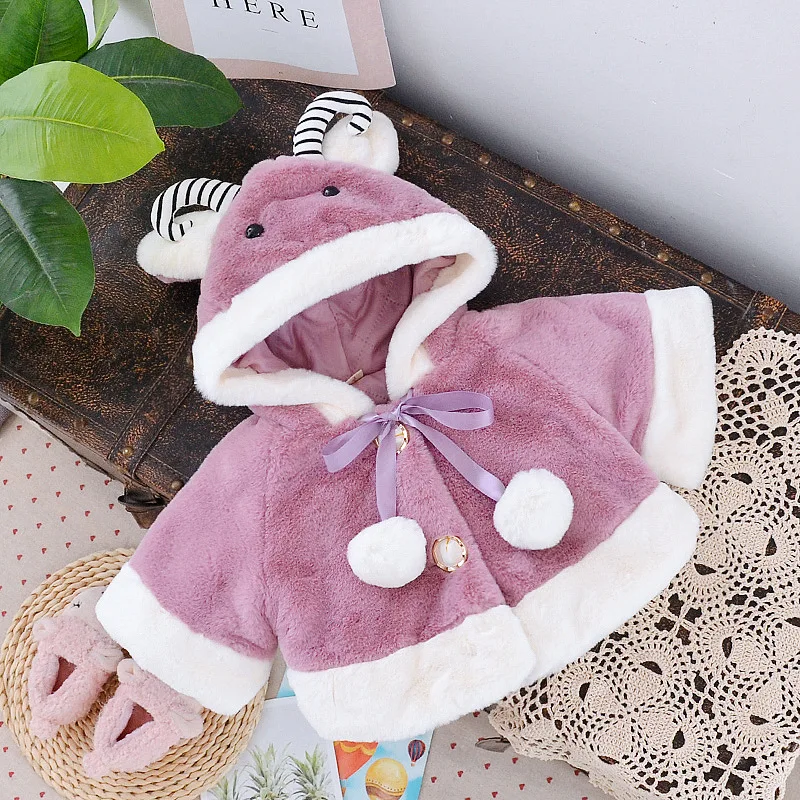 Baby Girl\'S New Winter Coat Is Warm And Cute  With A Sheep Horn Hooded Sweater And A Shawl Suitable For 0-3 Years Old