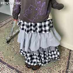 REDDACHiC Lolita Tartan Plaid Cake Skirt Women Vintage Patchwork Elastic Waist Maxi Long Ruffled Skirt Korean School Tutu Gown