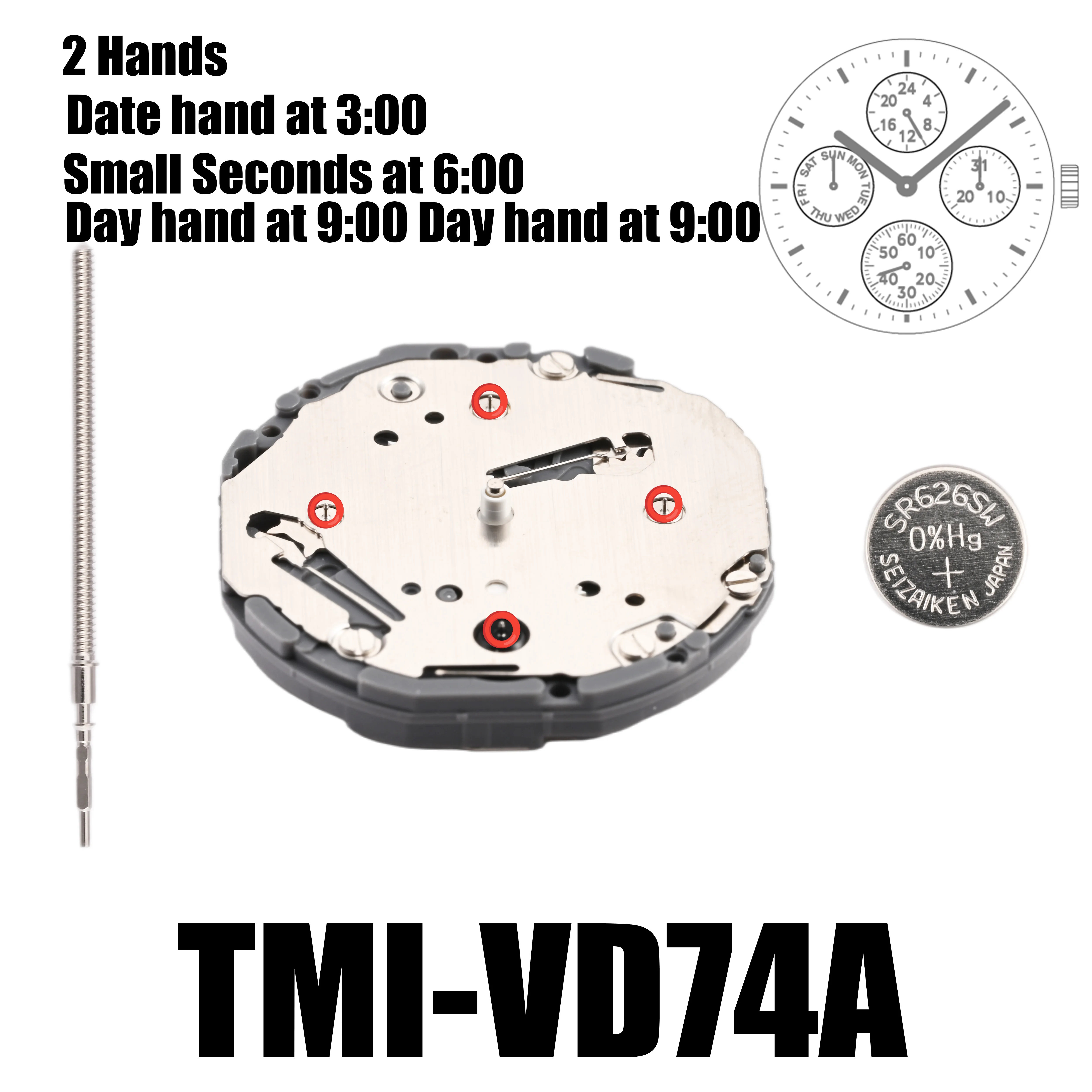 Movimiento VD74 Tmi VD74, dispositivo con 2 manos, multiojo (día, fecha, 24 horas, sección pequeña), tamaño: 10 ½, altura: 3,45mm