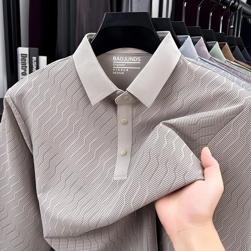 High End Quality Men's Fashion Print Polo Shirt Autumn New Solid Color Long Sleeved Lapel T-shirt Business Casual Men's Clothing