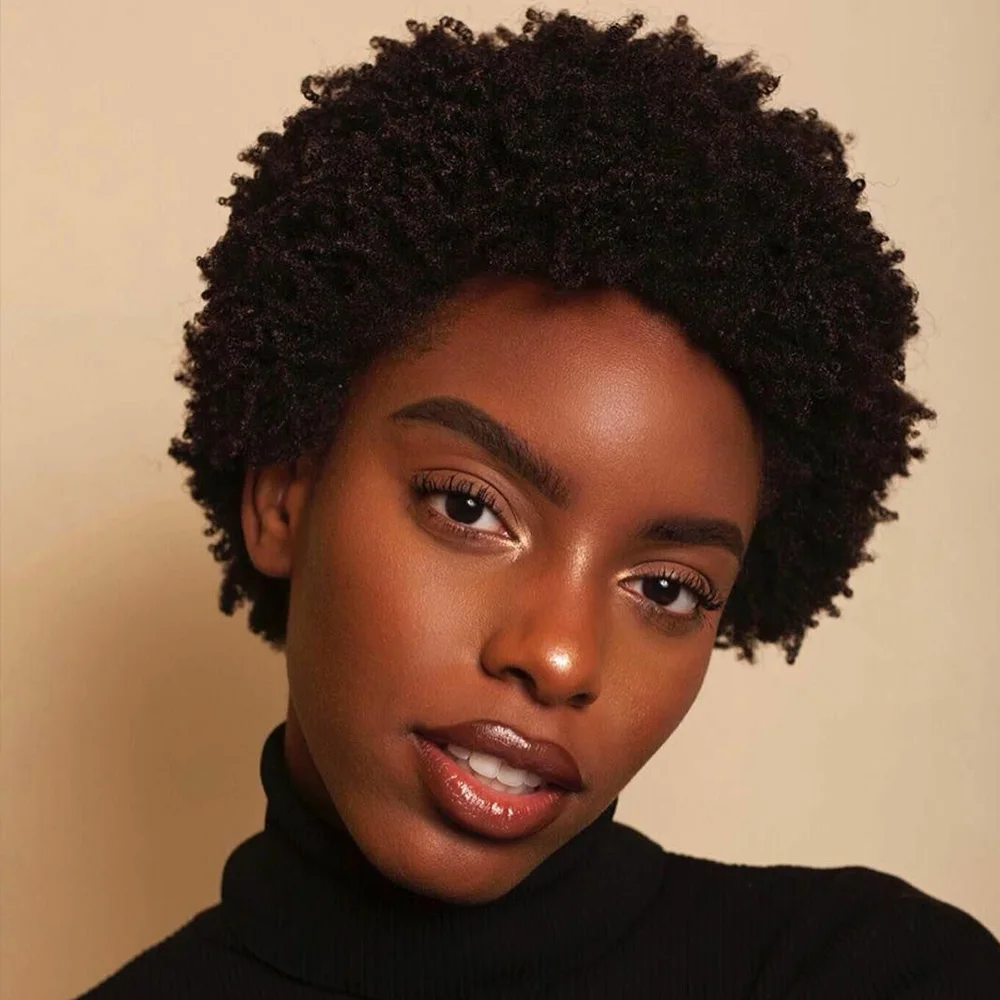 Peruki z ludzkich włosów afro, puszyste, kręcone, peruki z ludzkich włosów dla kobiet, peruka afro pixie cut, peruki wykonane maszynowo, peruki brazylijskie z ludzkich włosów.