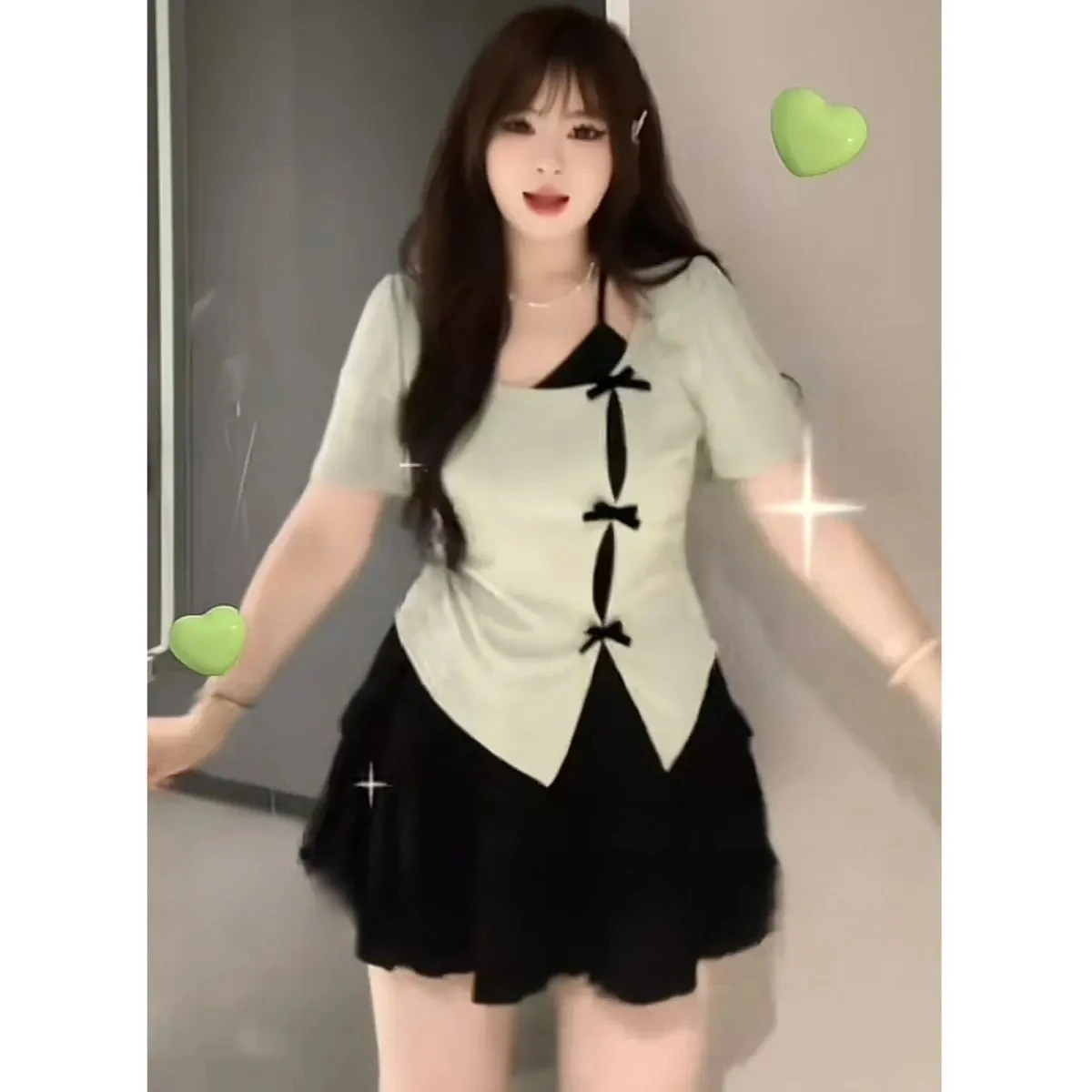 Large Size Hottie Fake Two Pieces Sling Tops Women Hollow Bow Knot Appear Thin Round Neck Short Sleeved Color Blocking T-shirt
