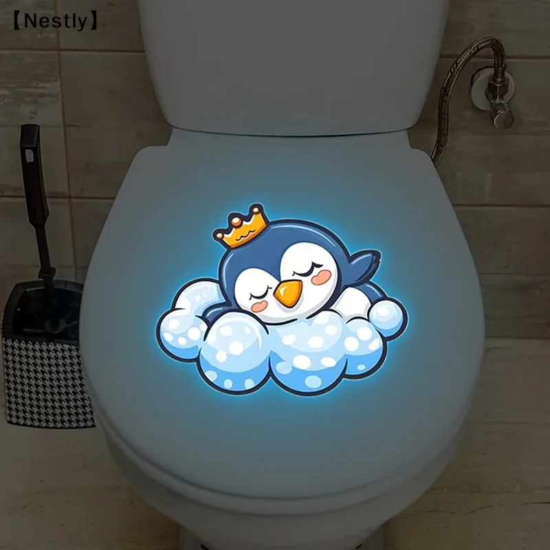 Cute Glow-in-the-Dark Penguin Toilet Sticker Glow Blue Wall Stickers Home Bathroom Decor Self-adhesive Removable Decal〔Nest〕