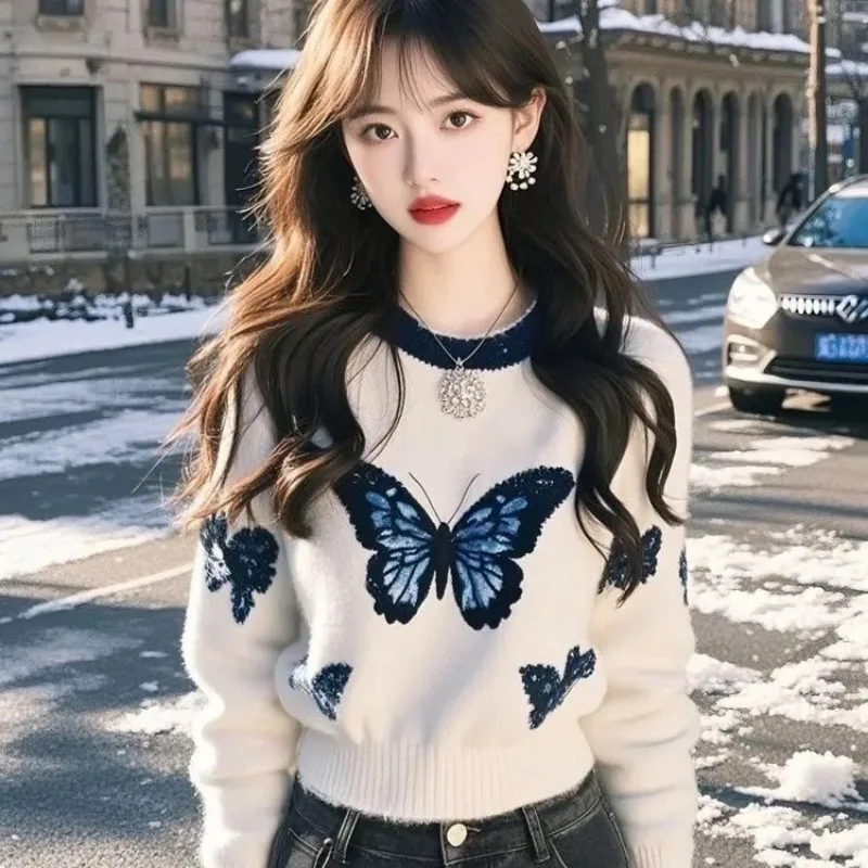

Korean Style White Butterfly Print Sweater Autumn and Winter New High-end Style Fashionable Versatile Knitted Top