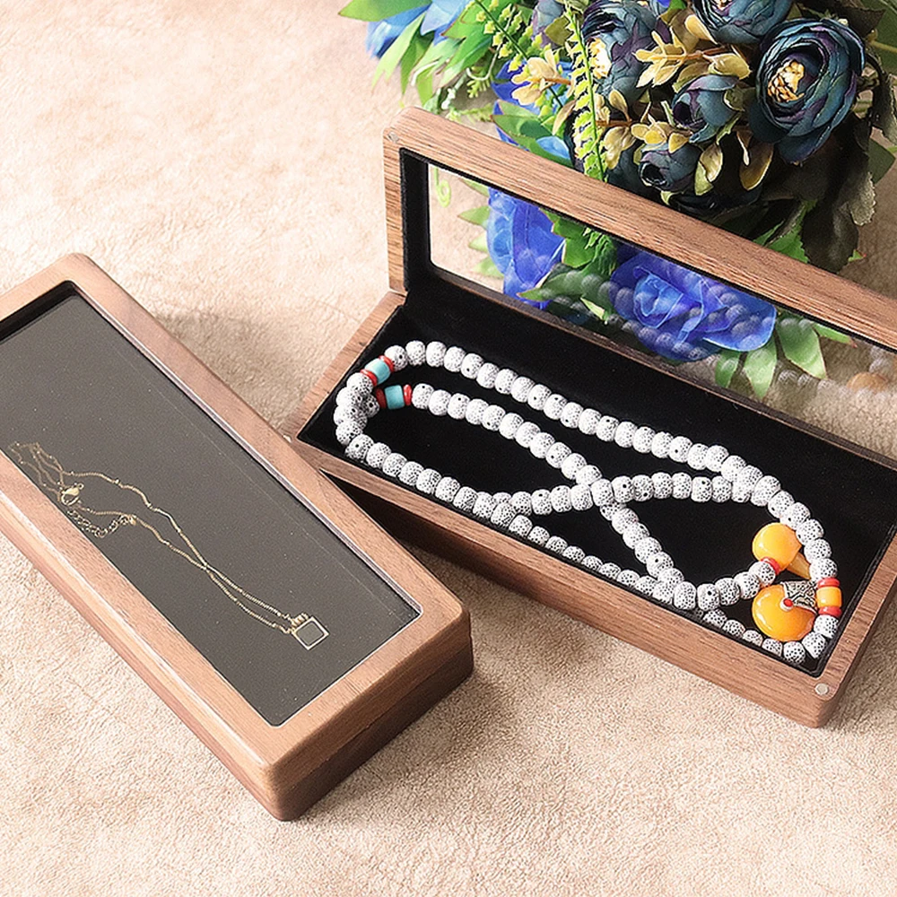 Birthday Party Jewelry Gift Box Transparent Cover Bracelet Storage Solid Wood Box Flip Cover Necklace Retro Woman Collection Box