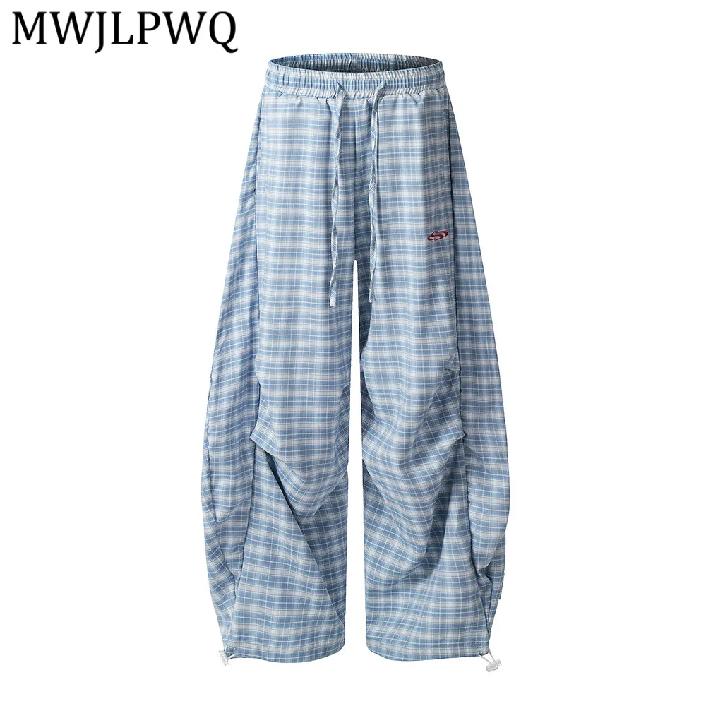 

MWJLPWQ Men's Casual Machete Plaid Vibe Trend Trousers American Style Sports Design Sense Pleated Loose Wide-Leg Pants 14460