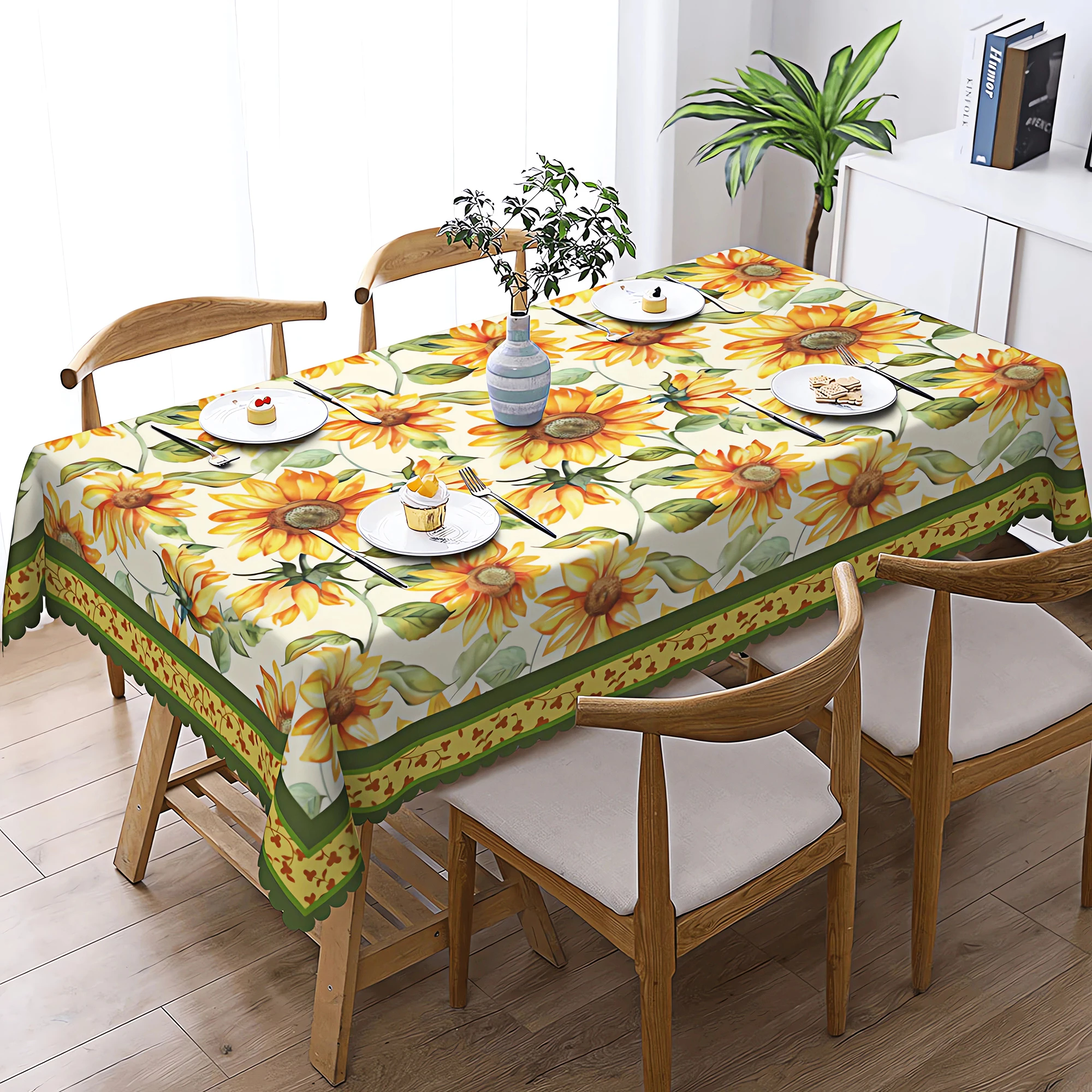 1 Piece of Spring and Summer Sunflower Round Tablecloth, Available in Various Sizes, Bright Printed Round Tablecloth with Watercolor Sunflowers and Green Leaves Arranged in a Staggered Pattern, with Embossed Edges, Fresh and Vibrant Style, Spring and Summer Dining Tablecloth Decoration, Suitable for Daily Use in Home Dining Rooms, Patios, Gardens, Picnics, and as a Tablecloth for Spring and Summer Home Decor