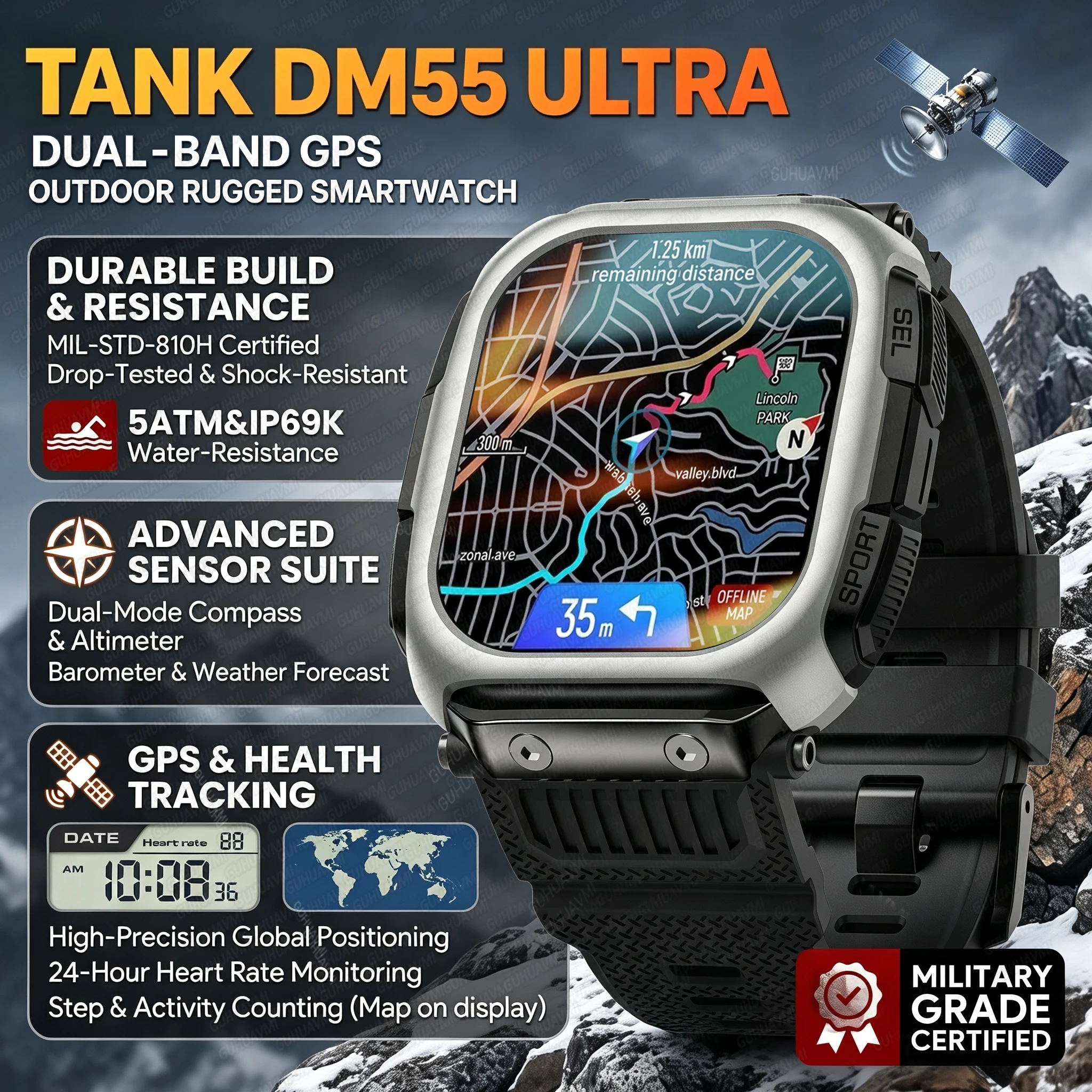 Smartwatch Rugged Watches For Men - 2026年最新モデル。男性向け、頑丈なGPS搭載の屋外用フィットネススマートウォッチ。オフライン地図機能、5ATM防水、コンパス、850mAhバッテリー、水泳トラッカー機能付き。