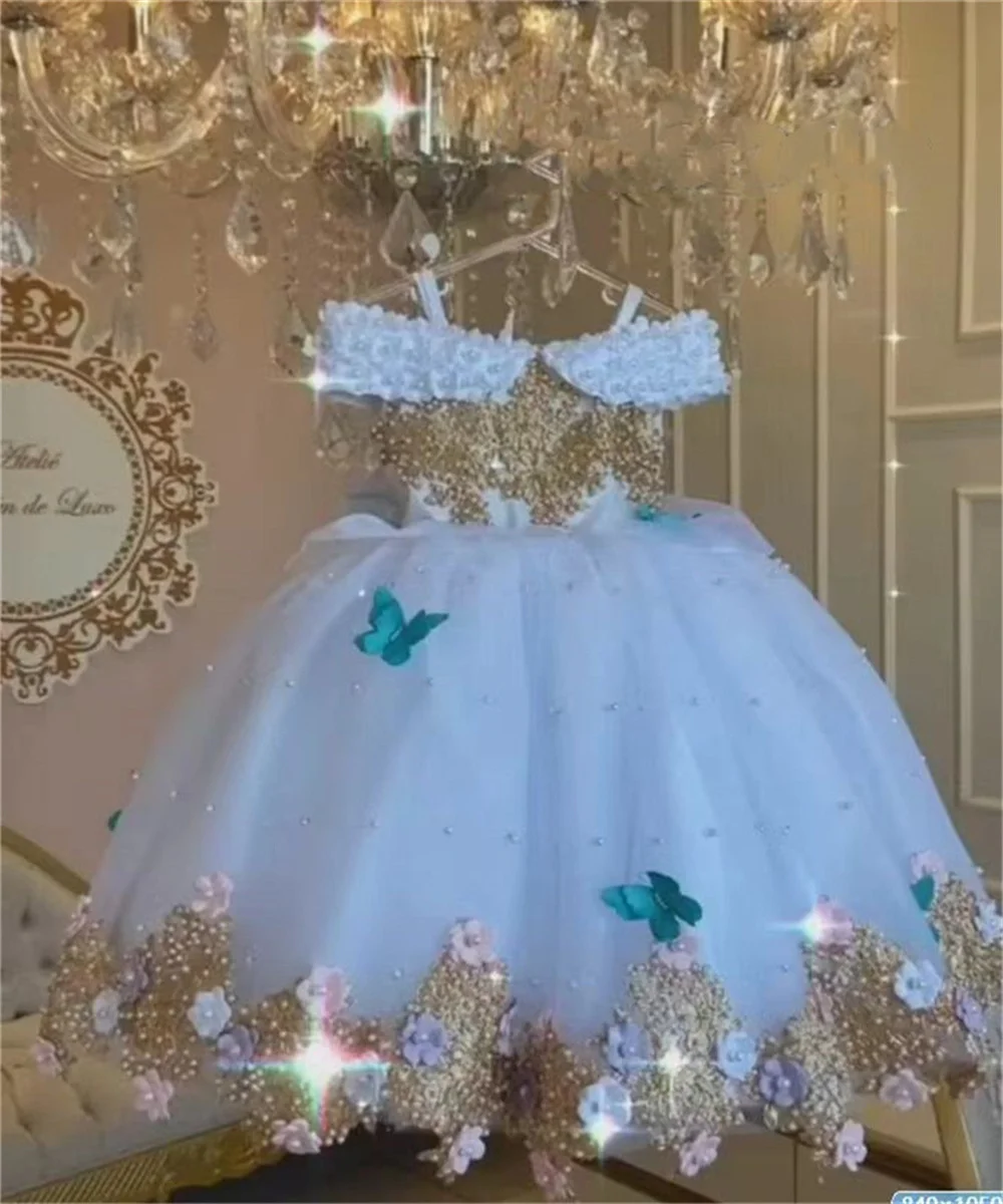 

Baby Beauty Pageant Flower Girls Dresses Off Shoulder Pearls Lace Butterflies Flower Princess Dress Infant First Birthday Party