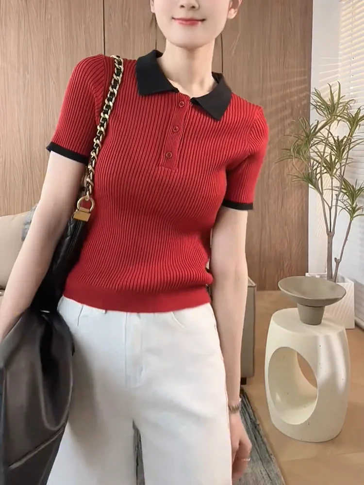 

Корейская утягивающая клетчатая повседневная футболка ort Sve с отложным воротником, модная летняя белая женская футболка большого размера