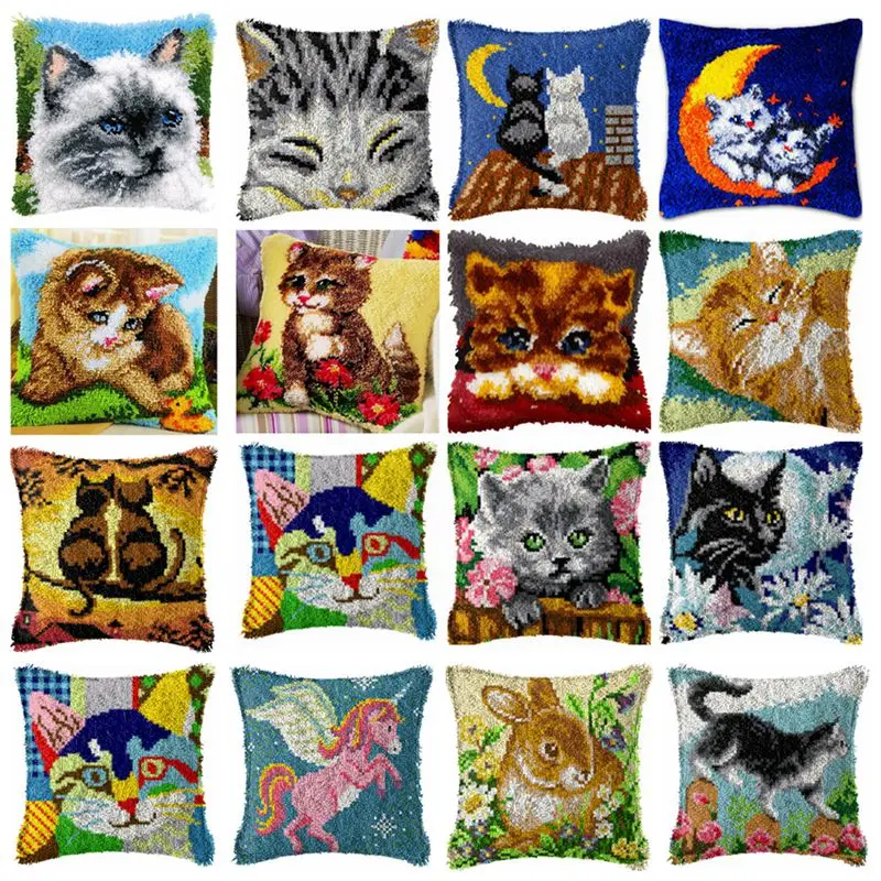 Cat Embroidery Pillow Coarse Wool Hand Knitted Cross Stitch Latch Hook Kit Carpet Embroidery Material kussen borduren kruissteek