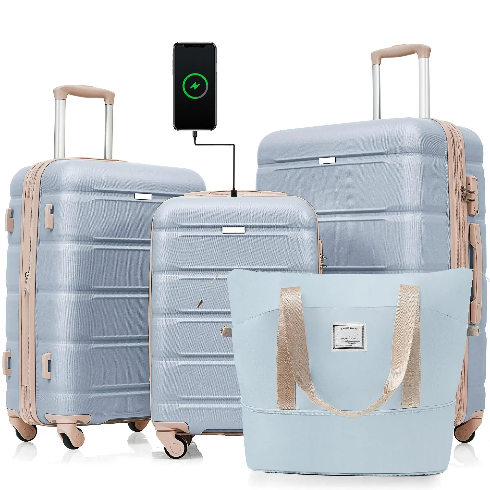 4-Piece Light Blue & Gold Luggage Set: 20 Expandable ABS Suitcase with USB Port, Travel Bag, Cup Holder & Rotating Wheels