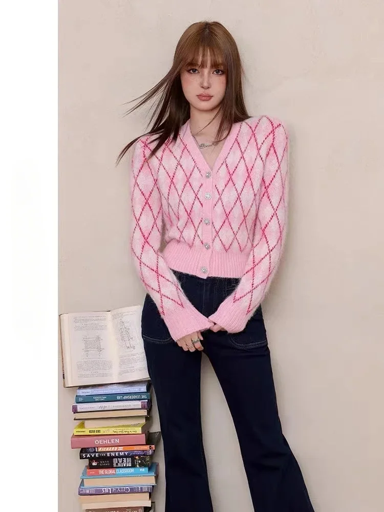 2024 Spring Vintage Pink Argyle Knitted Cardigan Sweater Women Korean Fashion V-neck Long Sleeve Soft Knitwear Tops Mujer Jumper