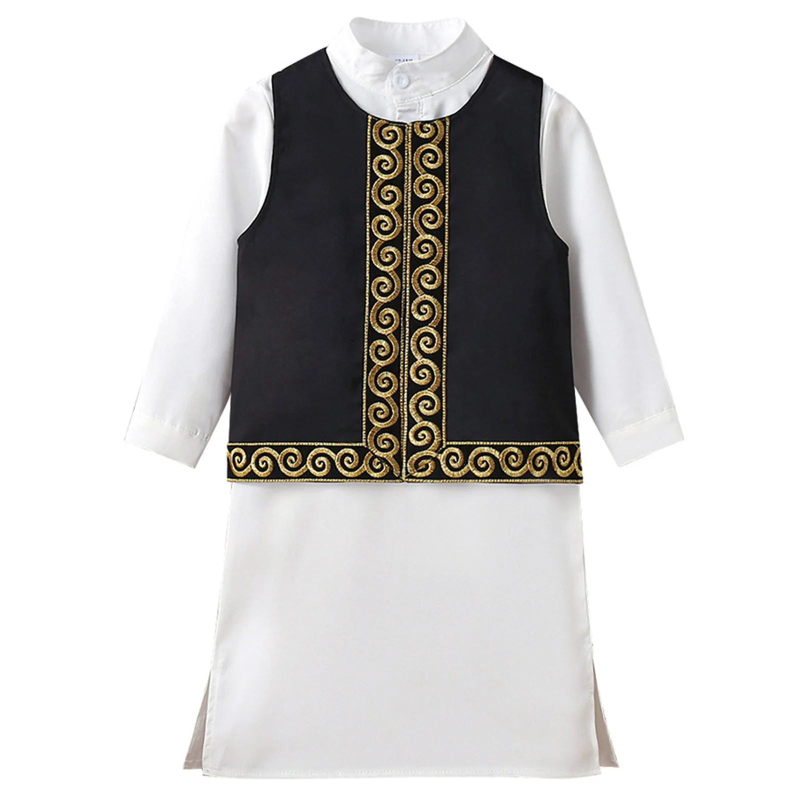 

Baby Boys Arab Style 2 Piece Set Long Sleeve Round Collar Robe Tops with Sleeveless Golden Embroidery Vest for Themed Party