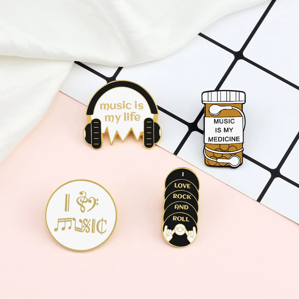 Personality Music Enthusiast Badges Pins MUSIC IS MY LIFE Earphone CD Brooches Kids Backpack Decoration Pins Jewelry Gift Girl