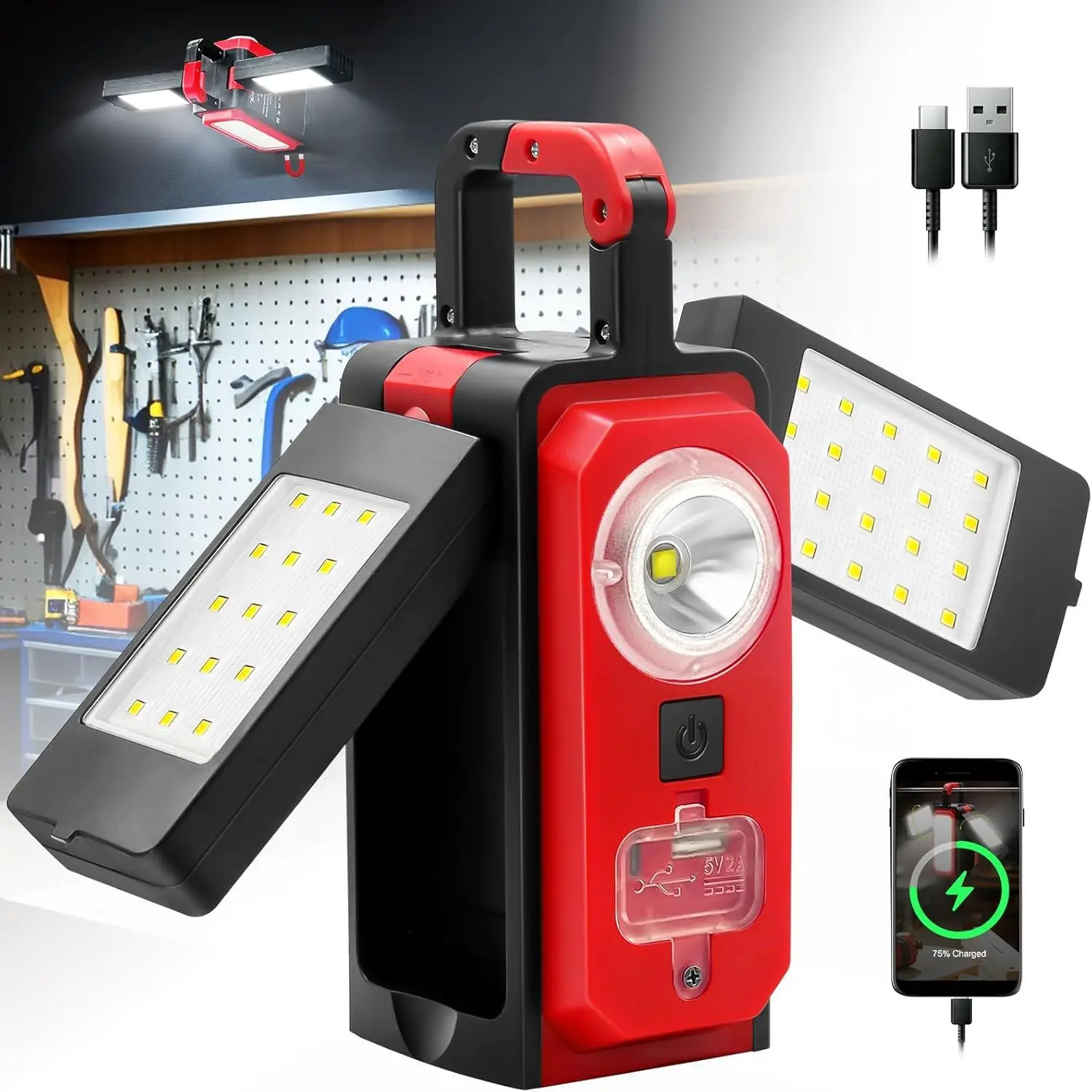 

LED Work Light Rechargeable with Clamp 40W Magnetic Work Light Battery Powered 4 Light Modes Portable Battery Work Light
