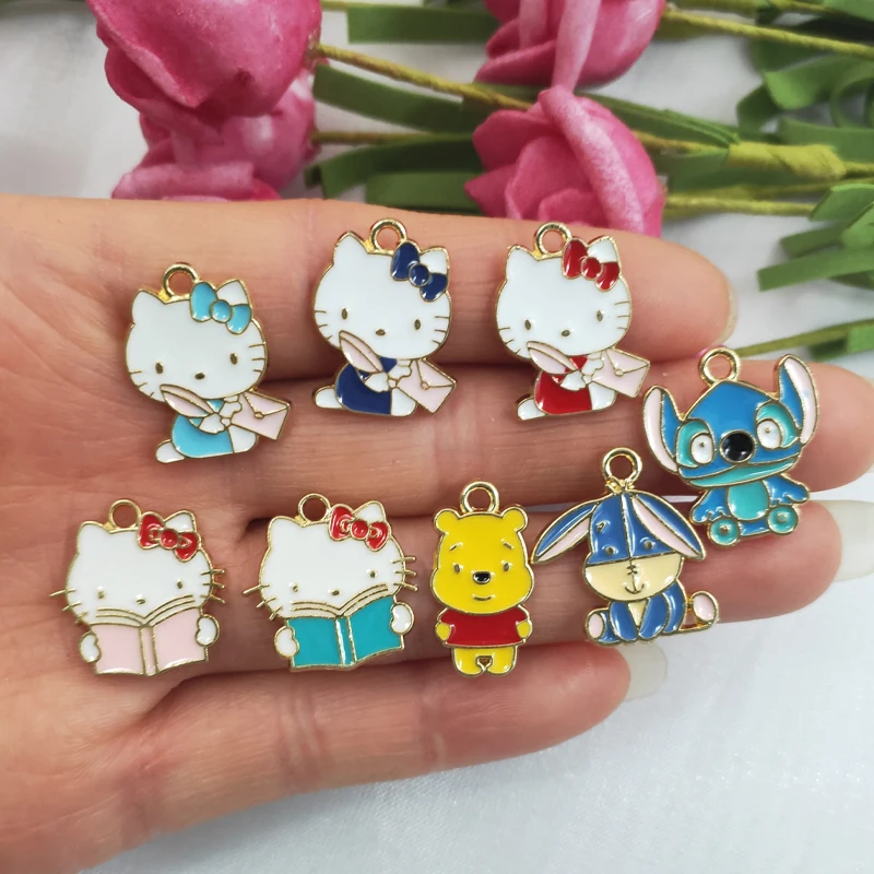 

10PCS Hello Kitty Enamel Charms for Jewelry Making Kawaii DIY Sanrio Earring Charms Keychain Earrings