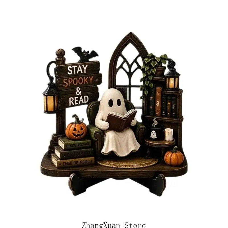 Hölzernes Halloween-Lesethema-Schild für Regalaufstellung, Herbstakzent für Bibliotheksecke und Inneneinrichtung 3XUF – Detail 2