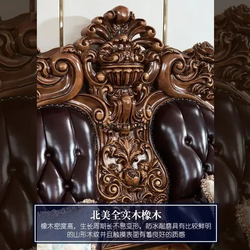 American villa solid wood carving flower luxury living room with storage leather U-shaped sofa