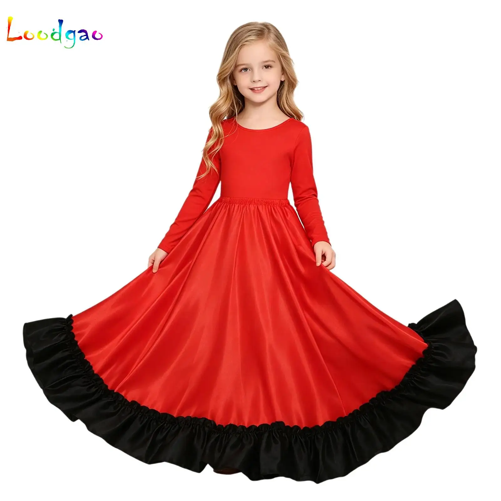 Falda de flamenco gitana para niñas, con volantes, de satén y seda, gran vuelo, para danza del vientre, ropa de baile para actuaciones de abril en Sevilla