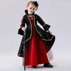 2024 Girls Cosplay Vampire Halloween Dress For Kids Ghost Bride Gothic Costume Count Vampiran Carnival Outfit Black Red Clothes
